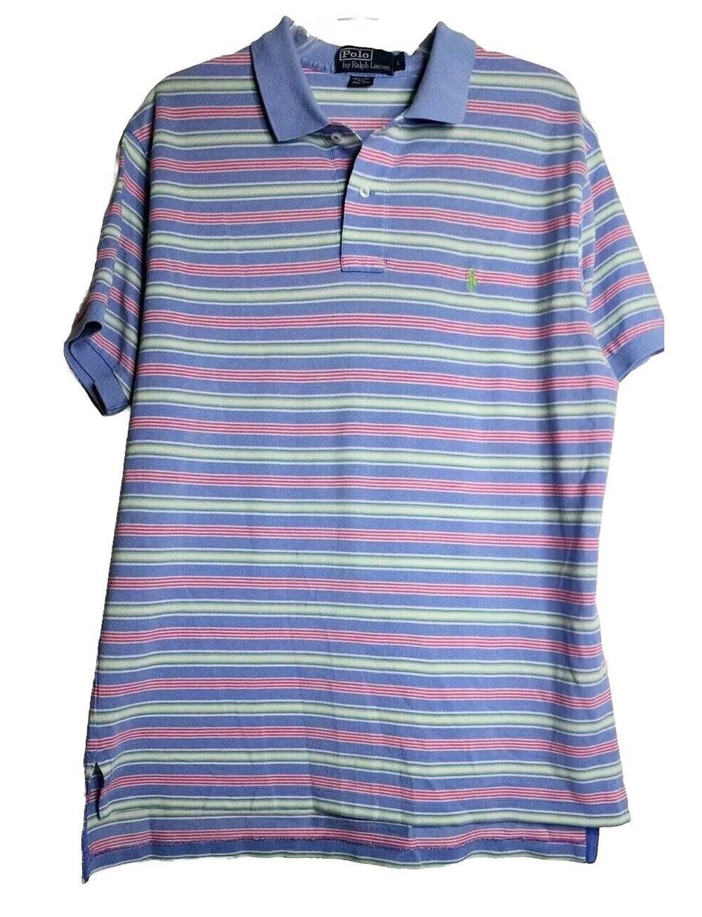 Polo Ralph Lauren Blue/Green Stripe Polo 100% Pima Cotton Large Preppy Retro
